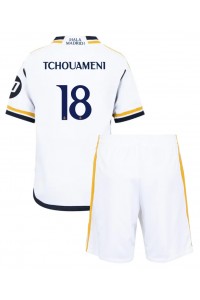 Fotbalové Dres Real Madrid Aurelien Tchouameni #18 Dětské Domácí Oblečení 2023-24 Krátký Rukáv (+ trenýrky)